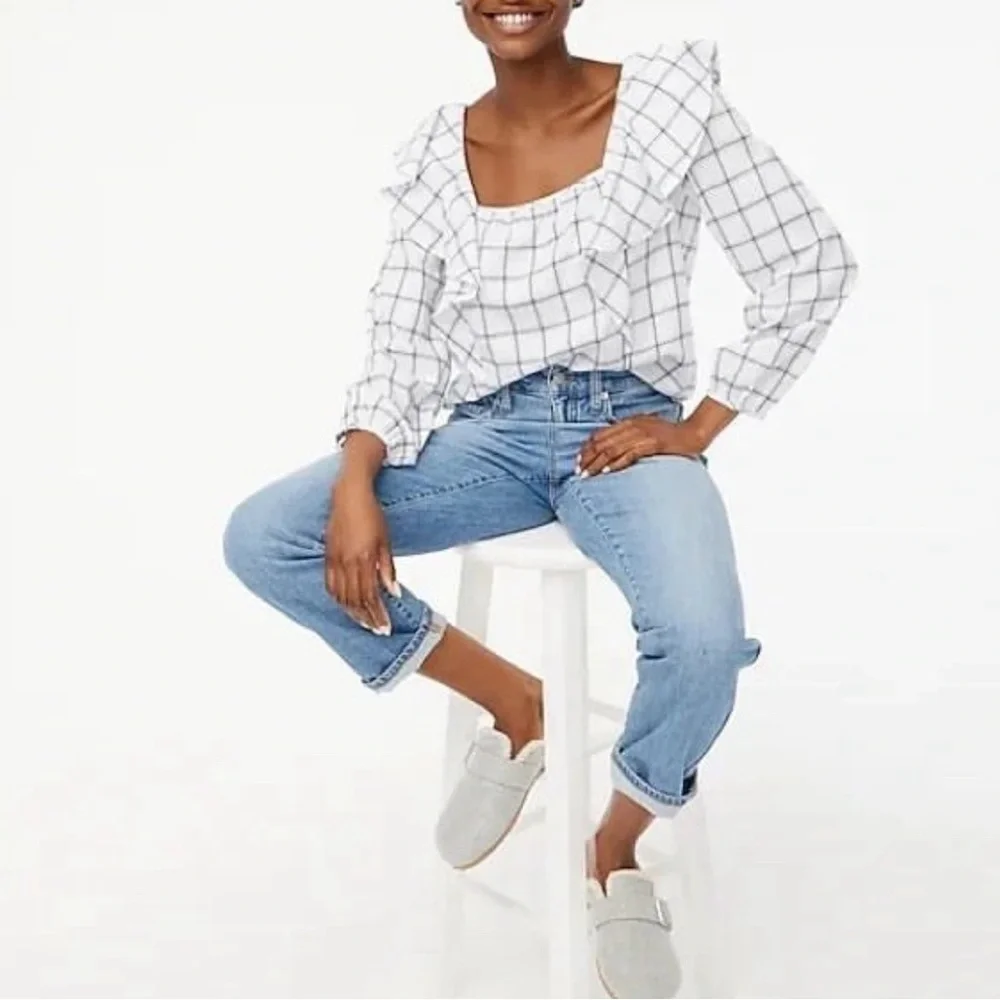 J. Crew‎ top Womens Top Size XL Plaid Flannel Ruffle Square Neck Puff Sleeve
